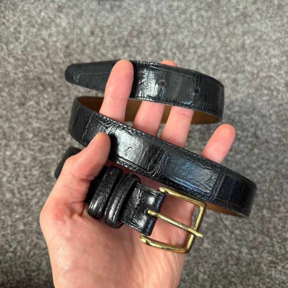 Vintage Brighton Mens Black Croc Embossed Leather Belt Size 40 Gold Buckle